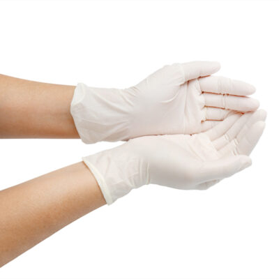 two hands wearing latex rubber glove  isolated on white backgrou